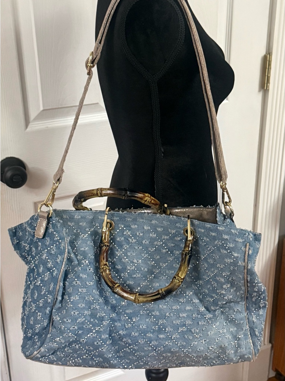 Y2K Distressed Denim Rhinestone Handbag Bamboo Handle Shoulder Bag